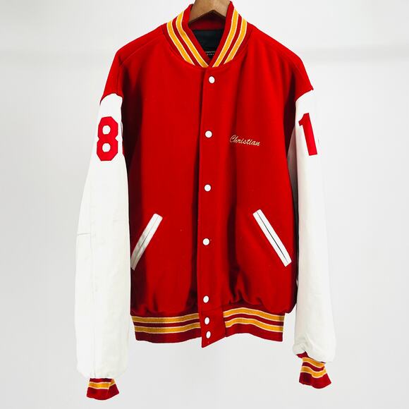 Custom Holloway Wool Red Yellow Varsity Protest Statement Jacket Leather Sleeves - Picture 6 of 11